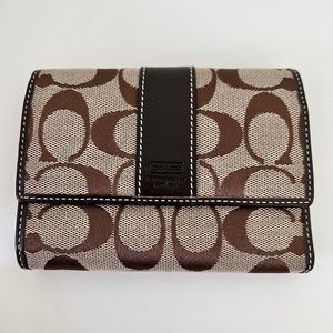 Coach Signature Canvas Leather Trim Flap Zip Wallet Clutch